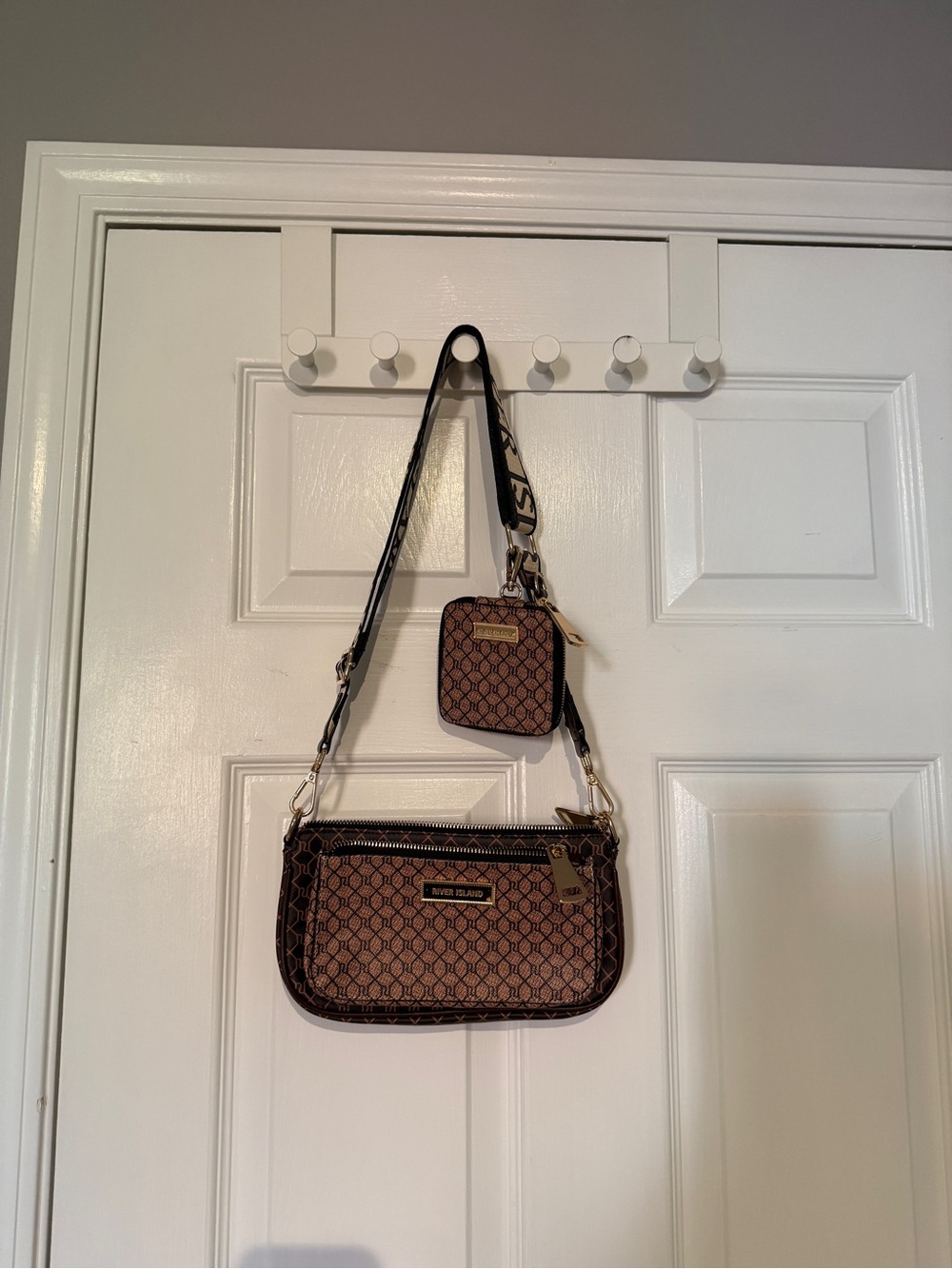 River Island Brown Monogram Crossbody Bag with Mini Coin Pouch